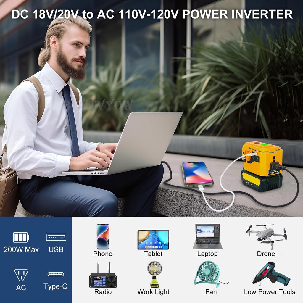 DC 20V to AC 110/220-230V Power Inverter Compatible with Dewalt 20V Max Battery 200W Portable Modified Sine Wave Power Converter