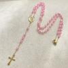 4mm 50cm Y Shape Pink Facted Color Beads Chain Gold Color Stainless Steel Cross Pendant Rosary Necklace Women Girls Jewelry Gift