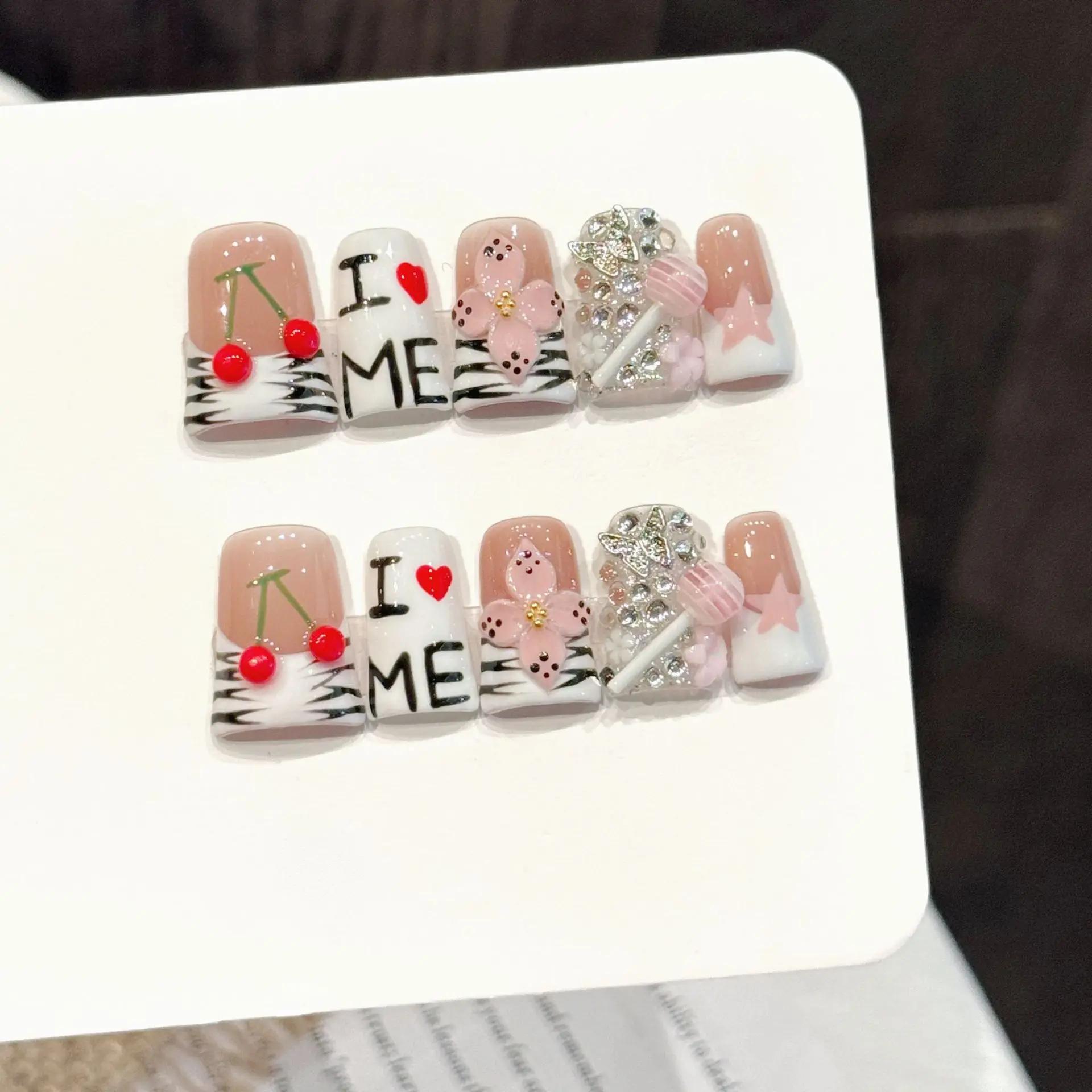 

10pcs Y2k White Duckbill Handmade Fake Nails Pink 3D Flowers Lollipop Star Decor Press On Nails Cherry Letters French False Nail