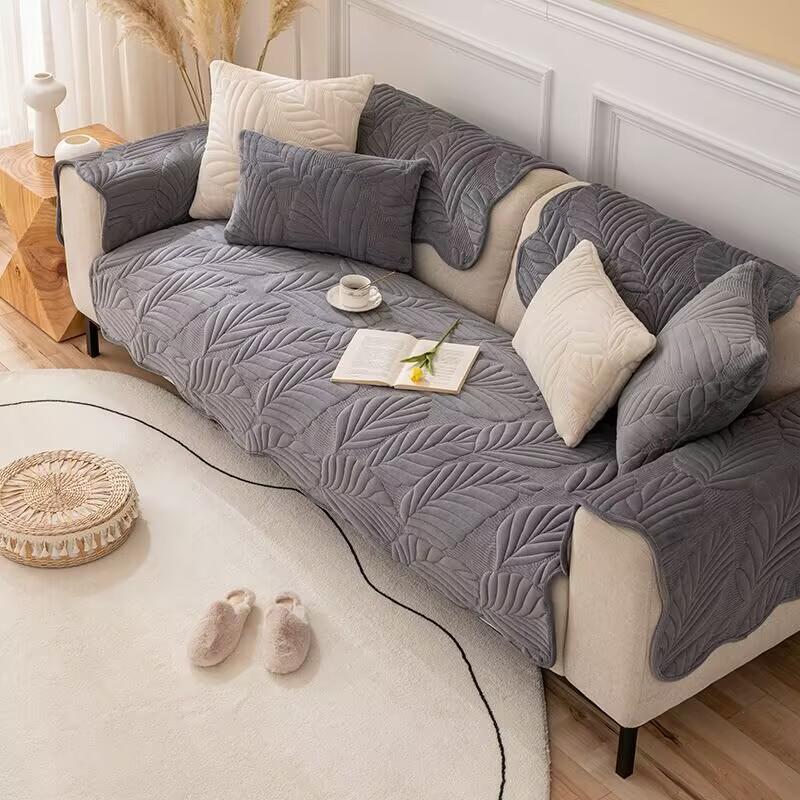 Velvet Plush Sofa Towel Thickeness Jacquard Leaves Home Decor Sectional Sofa Cover Non-slip Dust Proof Couch Seat Cushion Pad
