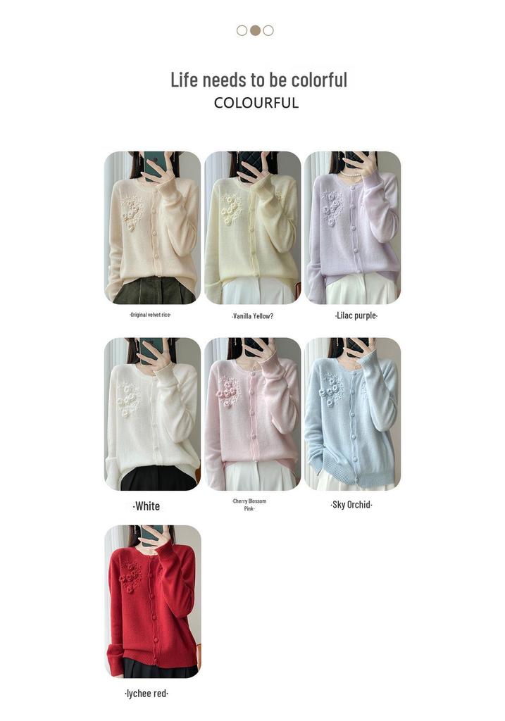 2025 Autumn French Chic 3D Round Neck Pure Wool Knit Cardigan