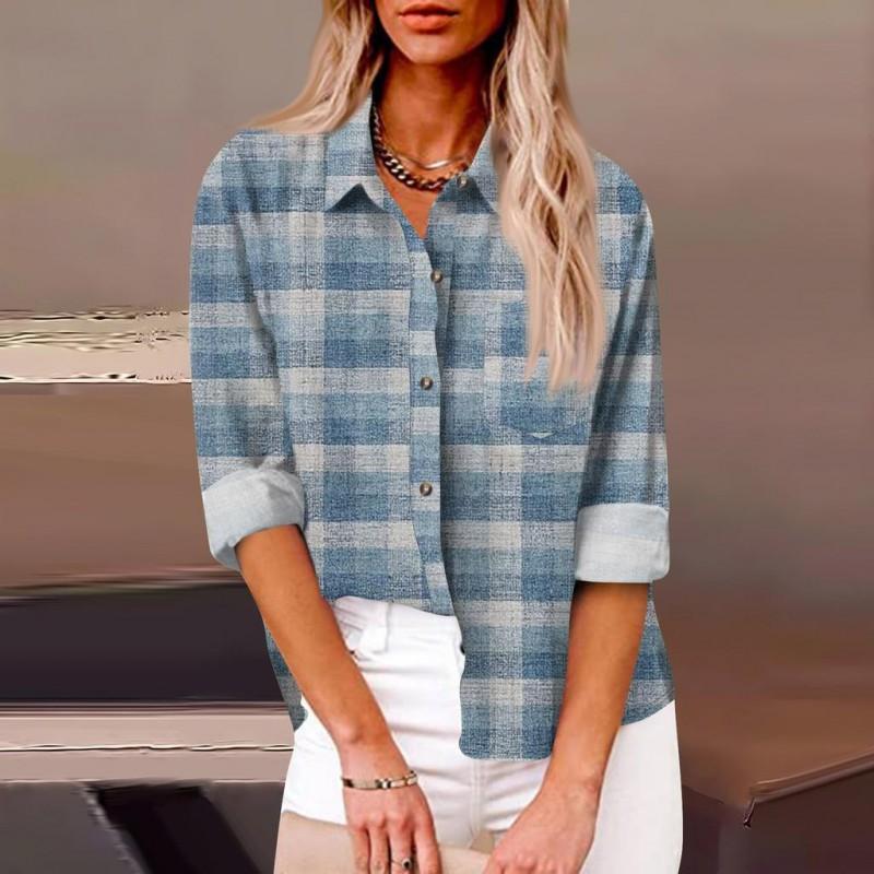 Womens Relaxed Fit Long Sleeve Shirt With 3D Digital Print Plaid Casual Cotton Linen Blouse