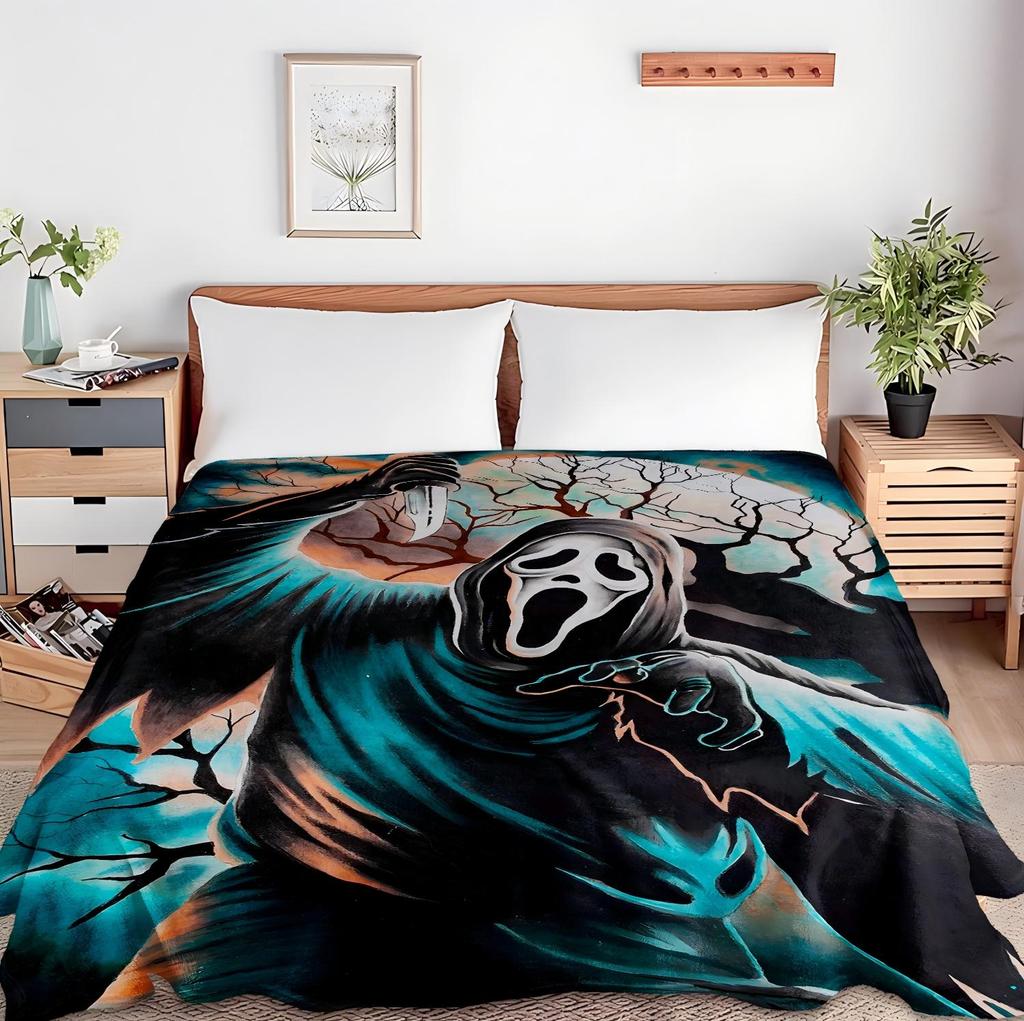 1PC Halloween Arts Throw Blanket Horrible Mask Ghost Art Skull Thin Blanket Gifts for Couch Bed Car Home Camping All Season Use