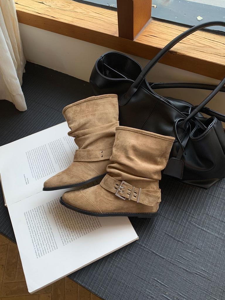 Retro style belt buckle stacking boots women's pleated knight boots locomotive boots temperament inner height increase short boots