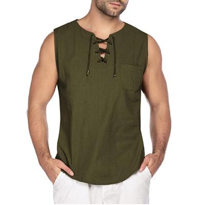 2025 European And American New Men'S Sleeveless Shirt With Lace Up Fashion Solid Color Cotton Linen Short Sleeved T-Shirt
