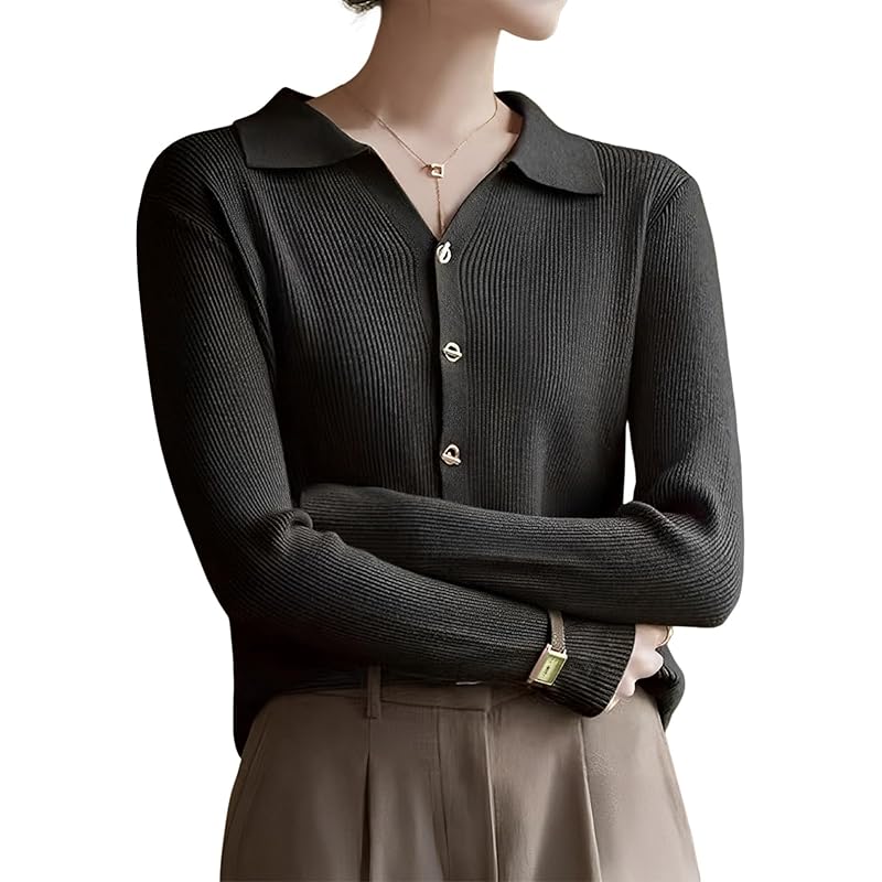 

[Luxe Relax] skipper cardigan ladies rib knit snap decorative buttons Beautiful Plain color Thin private clothes black black 5S-L05-BKM