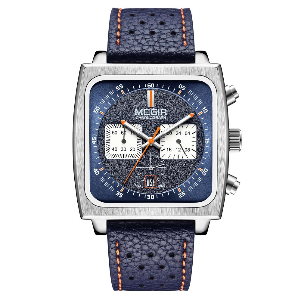 New Square Watches for Men Business Blue Leather Military Men's Wristwatch Chronograph Clock Waterproof Watch