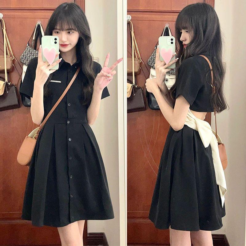 Black dress women's summer 2026 new Spice Girl bow polo collar small black dress waist thin shirt skirt