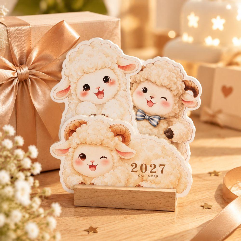 Solid Wood 2027 Desk Calendar Sheep Theme New Year Calendar Standing Table Calendar New Year Gifts