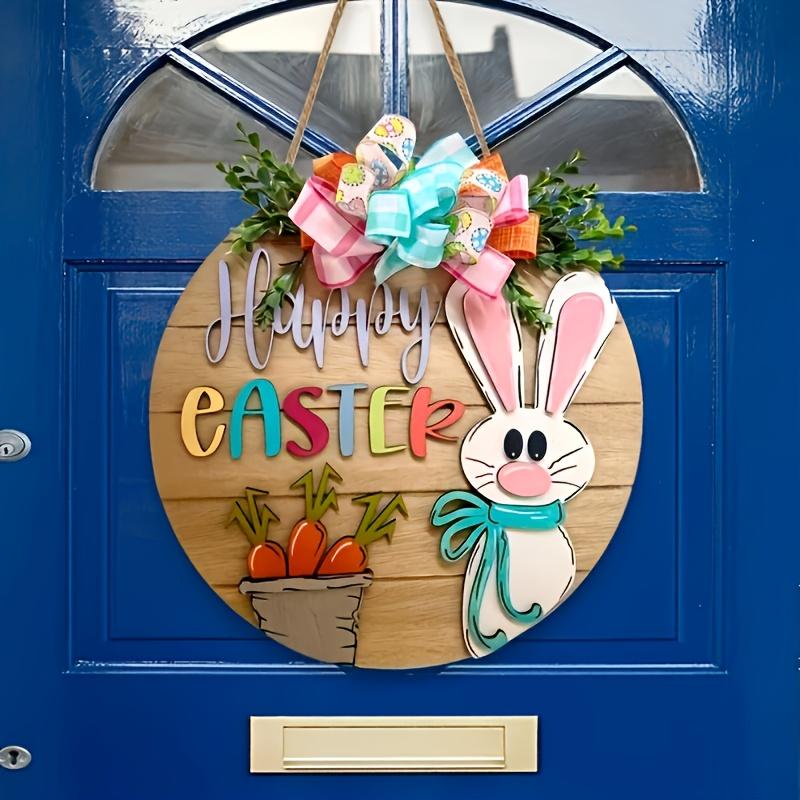 Wooden Easter Bunny Door Decoration with 3D Rabbit & Floral Wreath-Happy Easter Lettering,Spring Welcome Door Hanger,Party Decor