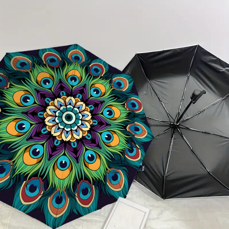 1pc Peacock Feather Mandala Design Umbrella with Plastic Handle,Suitable for All Seasons Home Travel Outdoor UmbrellaDD1082