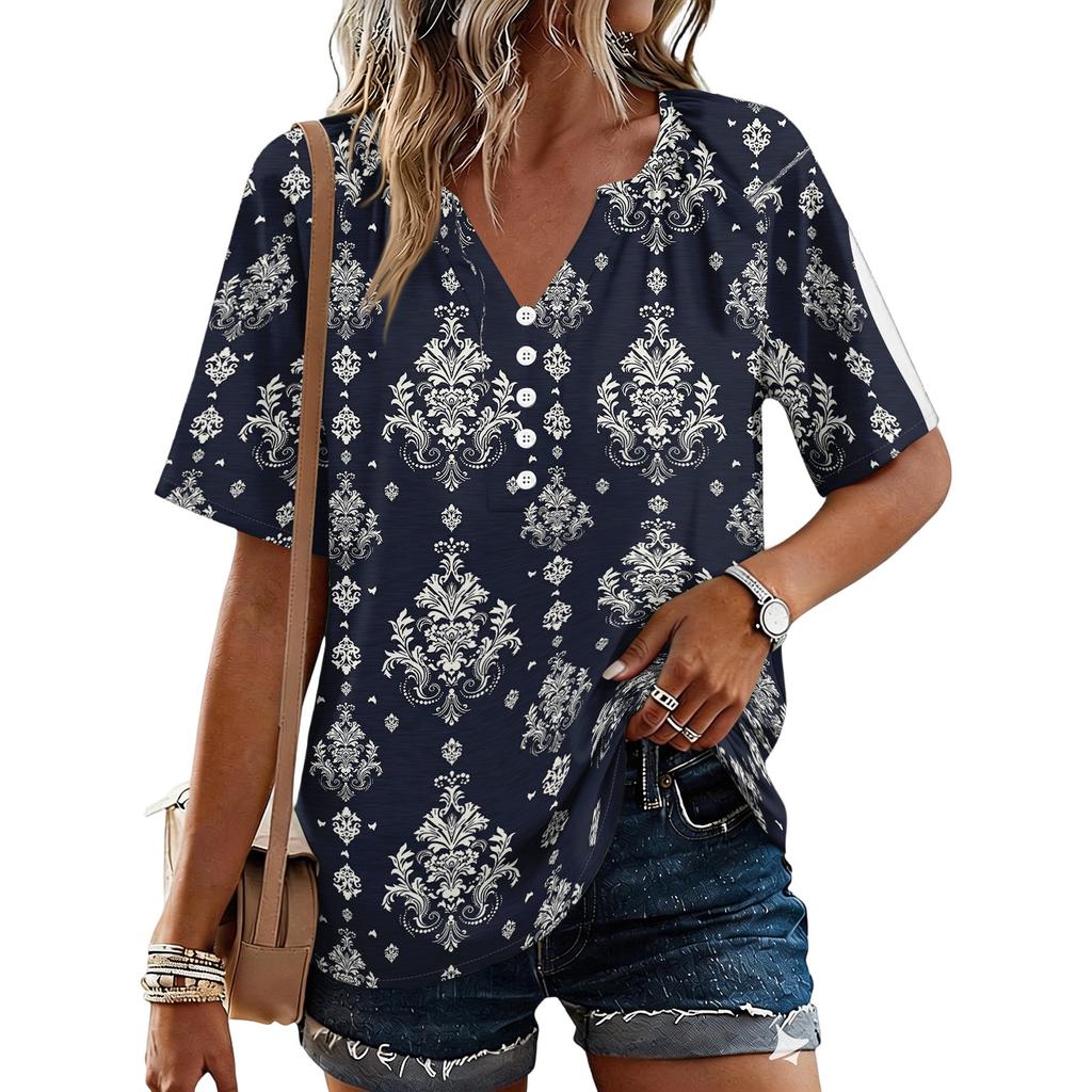 Women's Fashionable Casual Floral Print Button V-neck Short-sleeved Top