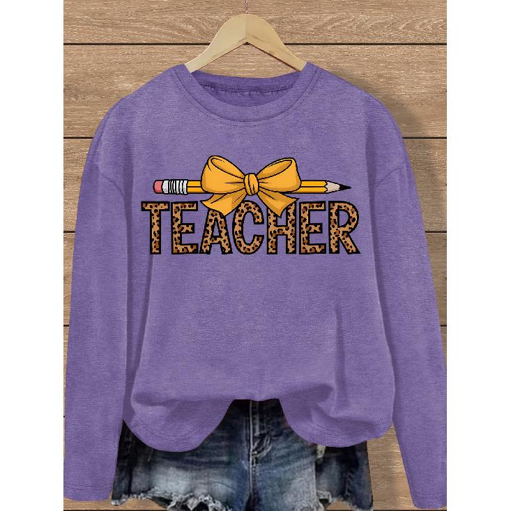 Christmas Gift: Simple and Clear Lines, English Letter Pencil Print with Bow Pattern, Fashionable and Elegant Women's Casual Sports-style Top for