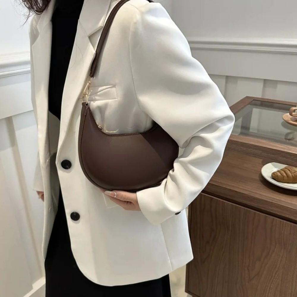 Moon-shaped Moon Underarm Bag Solid Color Women's Hobo Bag Portable Pu Leather Shoulder Bag Girl