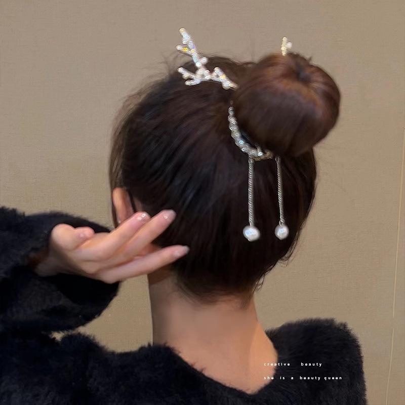 Elegant Christmas Antler Ponytail Hair Clip with Tassel Pearls