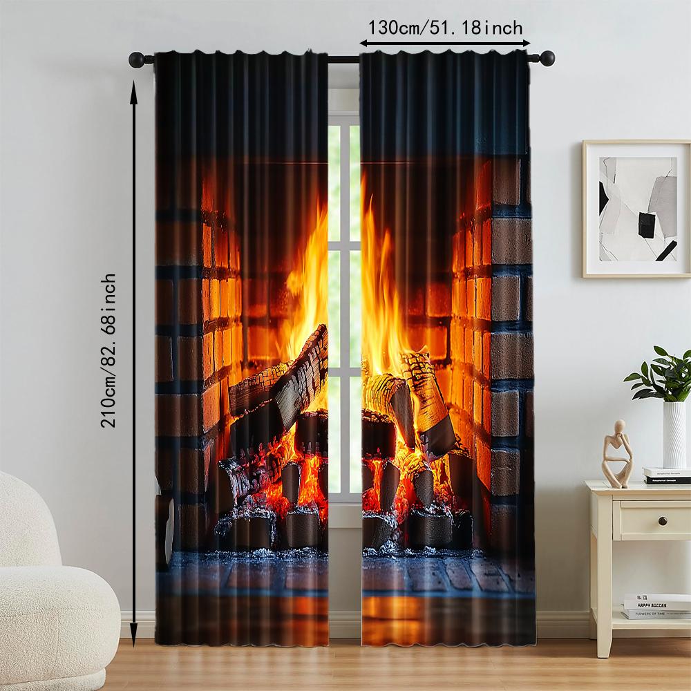 Set aus 2 vielseitigen transparenten Polyester-Vorhängen Heimdekoration Flammendes Kaminfeuer Camping-Szene Verwendung Schlafzimmer-Vorhang Perfekt für Schlafzimmer