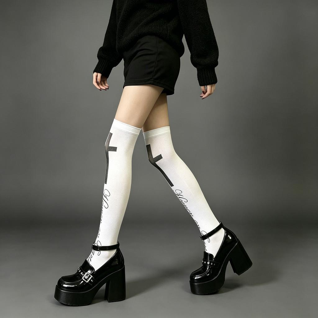 Cross Letter Print Overtheknee Socks With Velvet Fabric For Youth Women