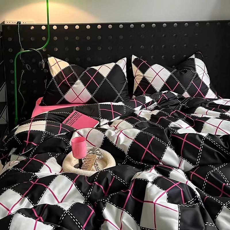 INS Double-sided Availability Pink Blue Cute Cat And Rabbit Bedding Set Duvet Cover Sheets With Pillowcases Full Size Bedroom