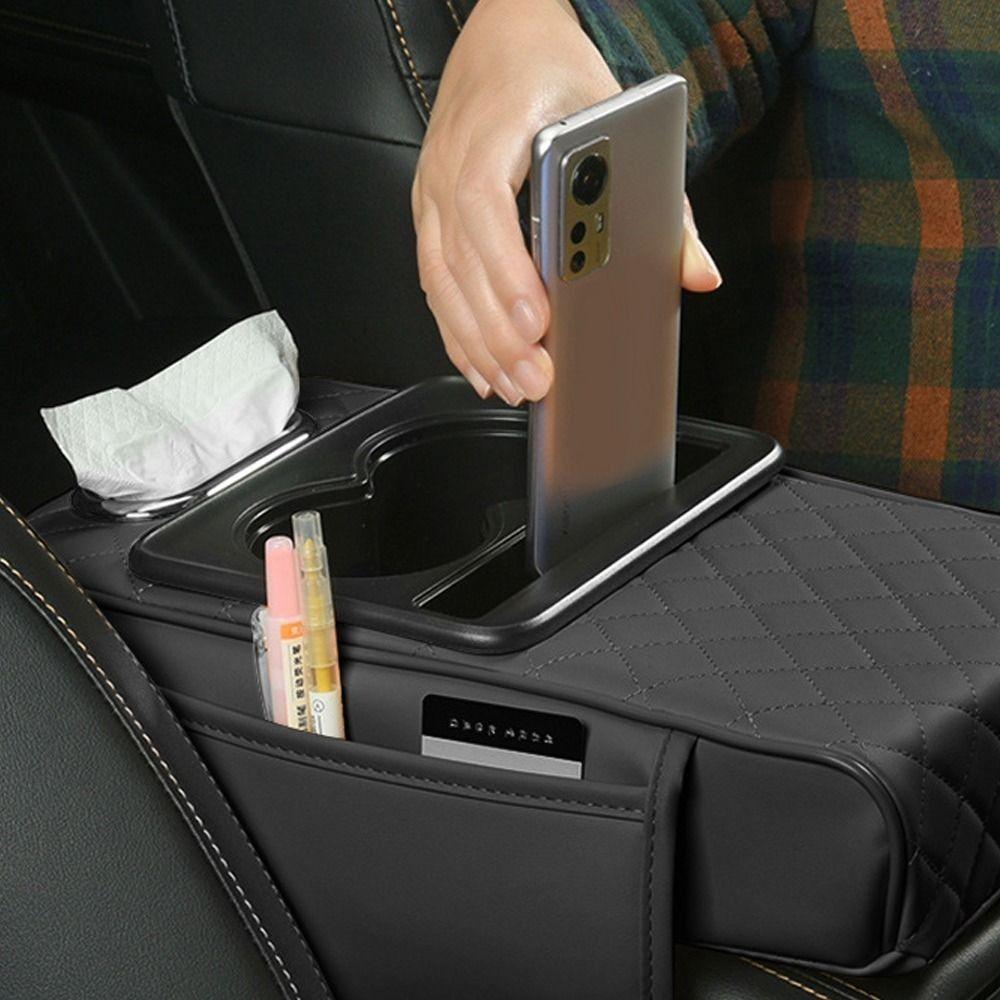 PU Leather Car Armrest Pad with Cup Holder Tissue Box Multifunctional Center Console Armrest Cushion Thickened Height Increasing