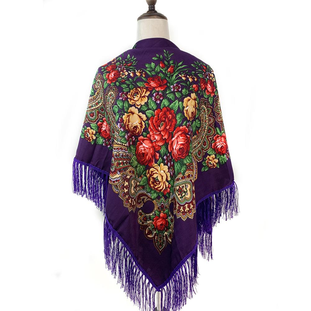 135*135Cm Russian Style Square Scarf For Women Luxury Floral Print Bandana Head Scarves Lades Fringed Shawl Headwraps Foulard