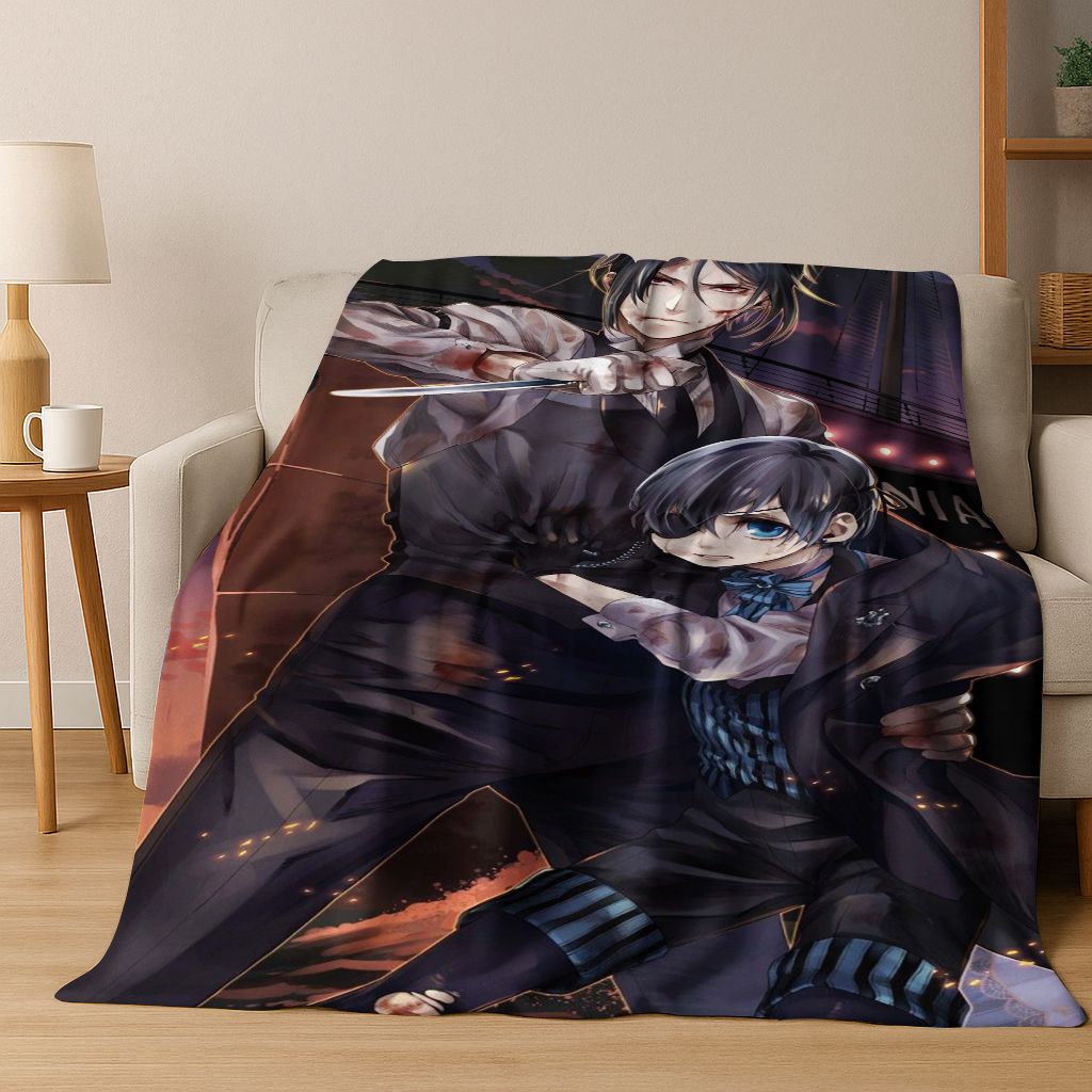 Anime Black Butler Sebastian Ciel Cartoon Cartoon Flannel Blanket,Cozy Soft Throw Blanket for Home Bedroom Bed Sofa Cover Kids