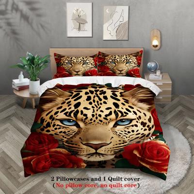 Leopard Print Bedding Set Red Roses And Leopard Face Design Duvet Cover Pillowcases Fade-Resistant For Bedroom Decor