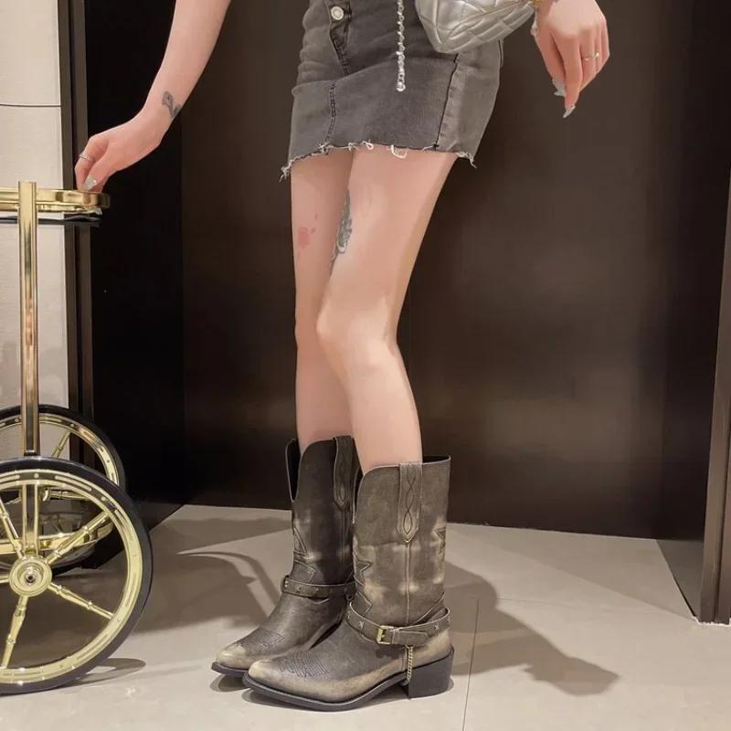 Fashion Women Western Cowboy Boots Woman Leather Chelsea Ankle Boots Ladie Classic Punk Female Goth Shoes Thick Heel Knight Botas Mujer