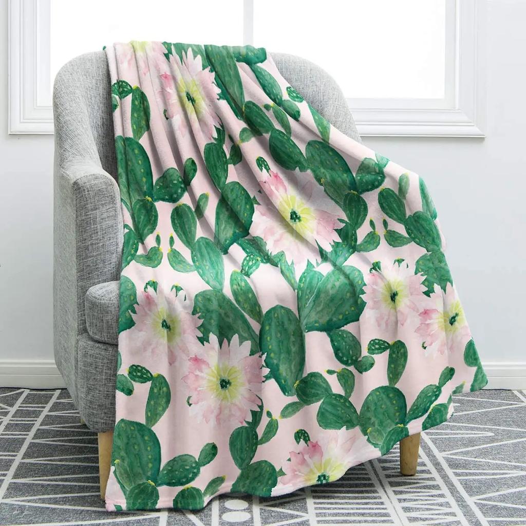 Cactus Flower Summer Flannel Throw Blanket, Colorful Lightweight Flannel Cozy Warm Suit for Couch Gift for Cactus Plant Lover