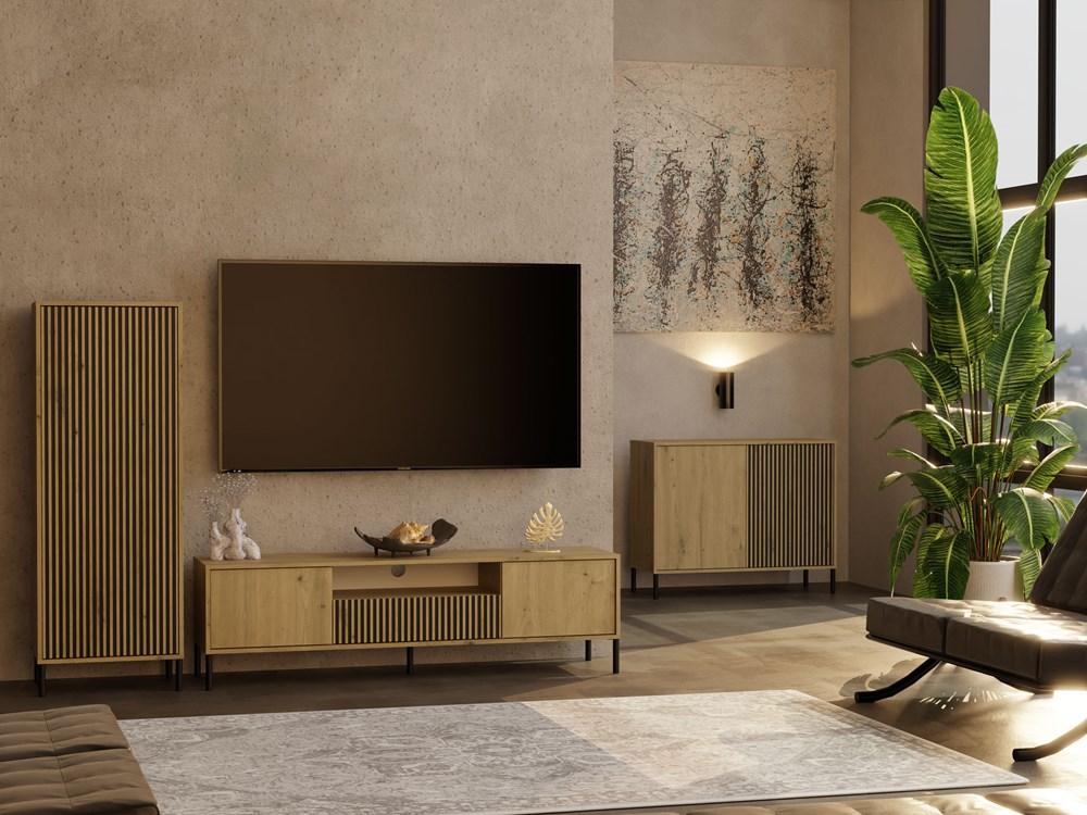 Komoda Front Ryflowany Szafka Kamaro 2D Slim / Gładki Dąb Artisan Lamele