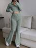 Fashion Solid Stitch Two-Piece Set with Zipper Long Sleeve Crop Top and High Waist Wide Leg Pants Women Casual Outfit