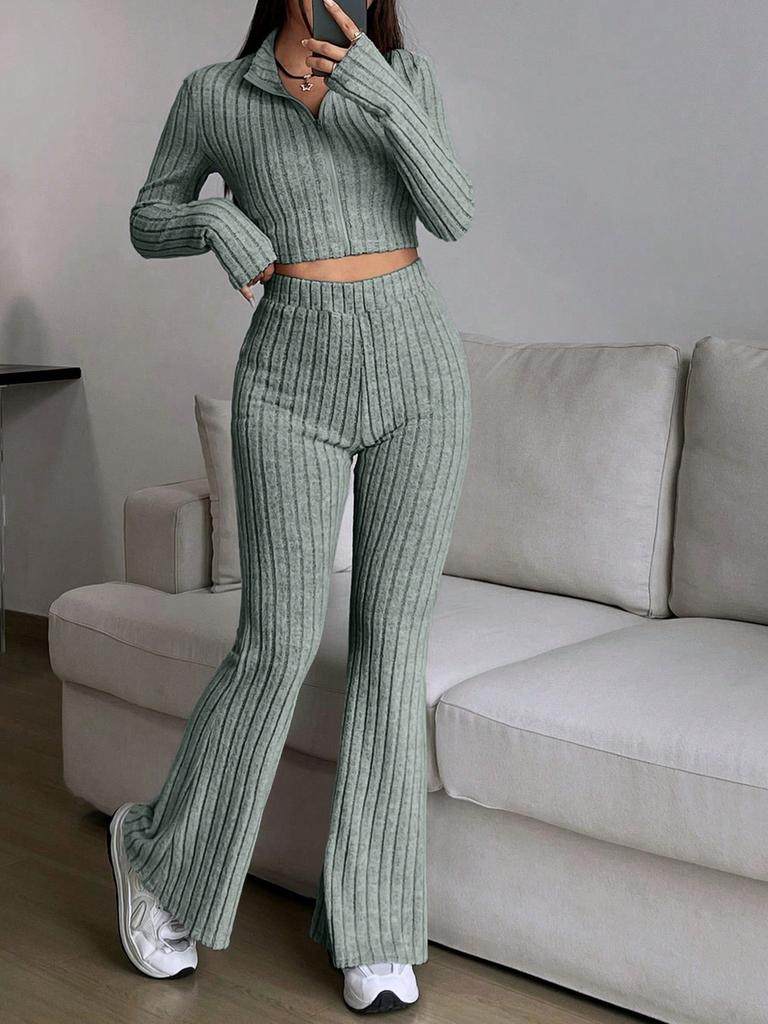 Fashion Solid Stitch Two-Piece Set with Zipper Long Sleeve Crop Top and High Waist Wide Leg Pants Women Casual Outfit