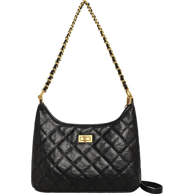 Bag Women's Bag Spring and Summer Leather One Shoulder Crossbody Bag Premium Sense Rhombus Chain Underarm Bag