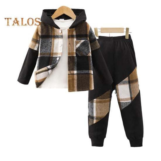 

2 шт./комплект детский весенне-осенний костюм с пальто и брюками, длинные рукава в стиле пэчворк, клетчатый принт, топ с капюшоном, эластичный пояс, спортивные штаны, спортивный наряд 3 Years хаки
