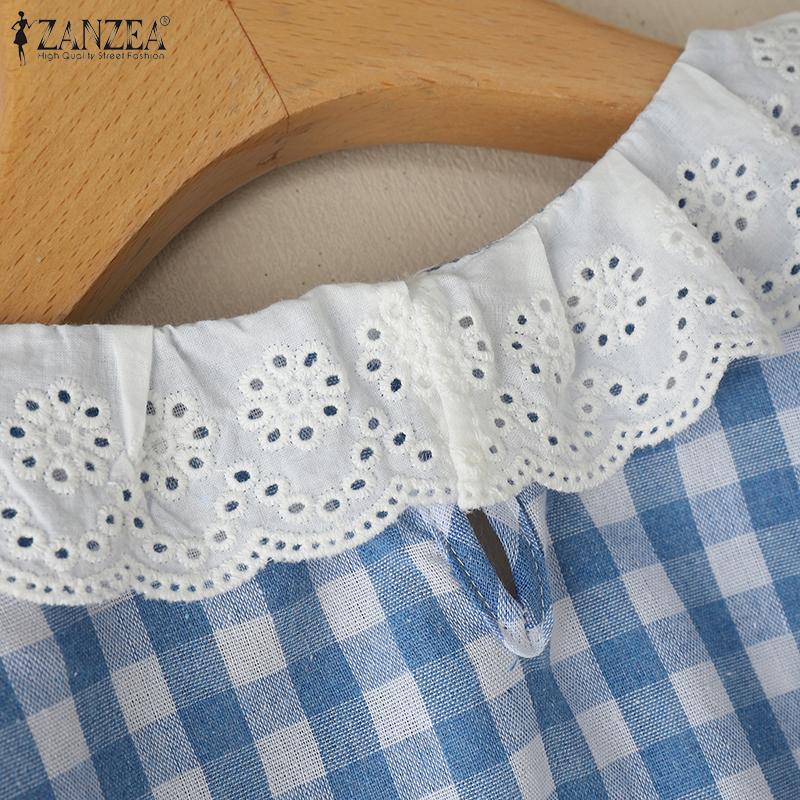 ZANZEA Damen Patchwork Rundhals Casual Kurzarm Bluse mit Karomuster