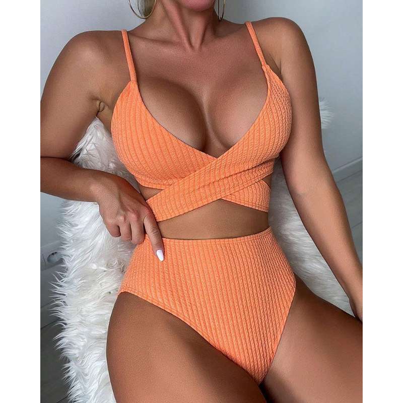 New Swimsuit Female Sexy Cross Hollow Bikini Swimsuit Pit Strip Solid Color Split Swimsuit