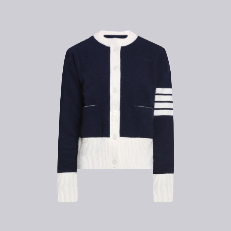 TB Knitted Sweater Women's New Round Neck Color Blocked Knitted Cardigan Top Coat Women's Stylish Versatile Look Slim Cardigan Academy