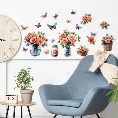 Bemalte Rose Vase Schmetterling Schlafzimmer Wohnzimmer Kleiderschrank Heim Hintergrund Verschönerung Dekoration Aufkleber