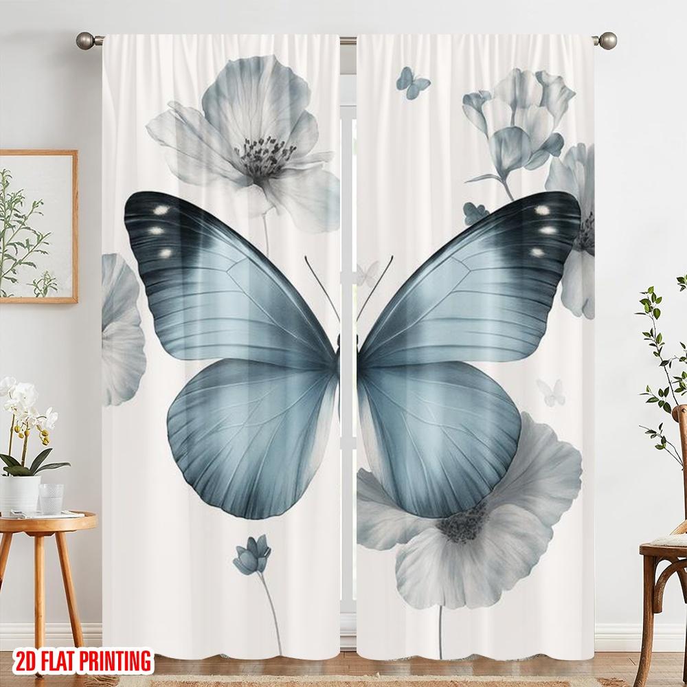2pcs,2D plane printing Light Filtering Curtains Blue Butterfly Bliss Durable Polyester (without rod) Holiday for Bedroom Office
