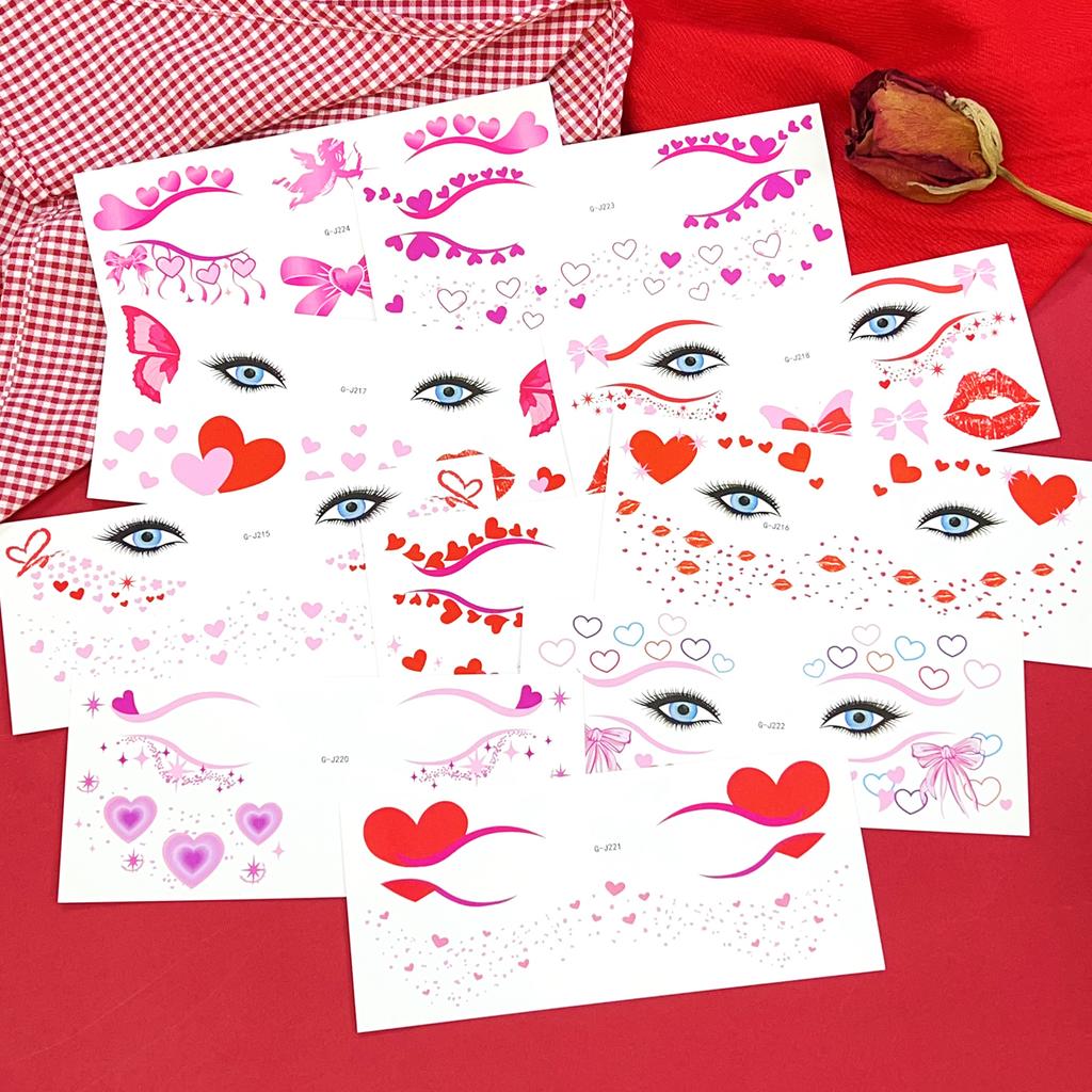 1-10Pcs Valentine's Day Face Tattoo Sticker Love Bow Pattern Safe Comfortable Easy Remove Water Transfer Paper Temporary Tattoos
