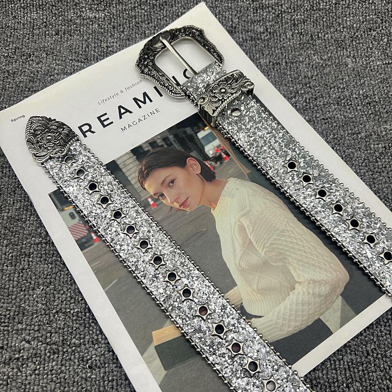 Hollow Star Sequin Pattern Belt Women's Black Belt Design Belt