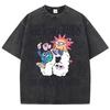 Cartoon Sun And Earth Printed Washed T-Shirt Men Breathable T Shirt Oversize Unisex Fashion Wash Shortwear Cotton Top