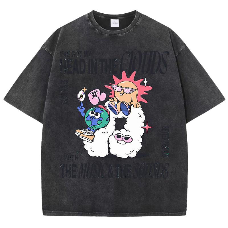 Cartoon Sun And Earth Printed Washed T-Shirt Men Breathable T Shirt Oversize Unisex Fashion Wash Shortwear Cotton Top