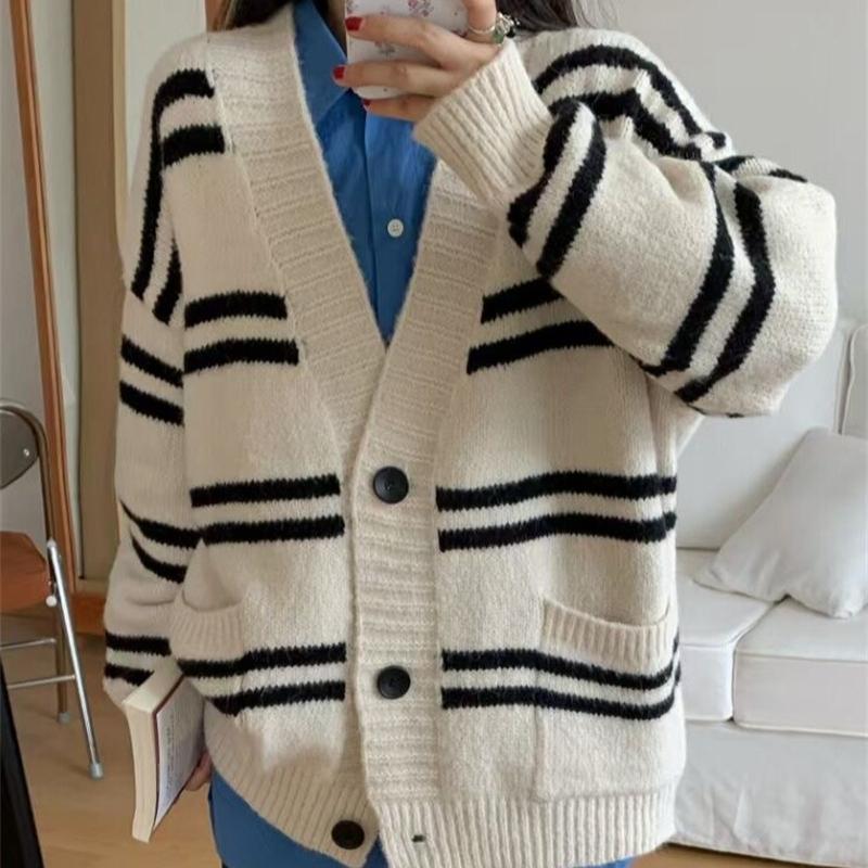 autumn winter V-neck wool knitted sweater women single-breasted contrasting color casual oversized cardigan y2k long coat female