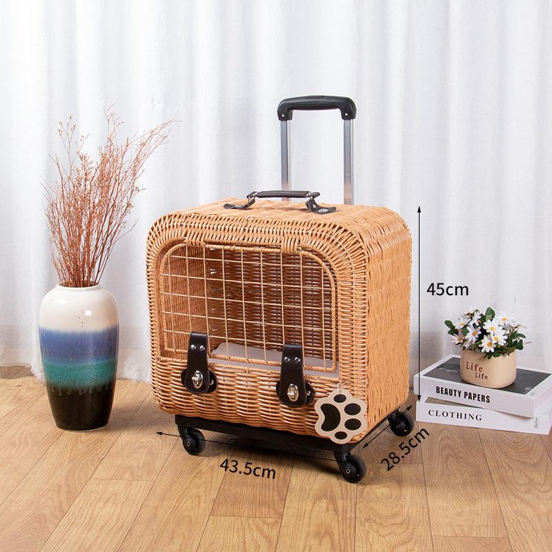 Portable Cat Suitcase with Wheels High Appearance Wicker Kittens Travel Bag Large Capacity Cats Carrier Lightweight Trolley Case
