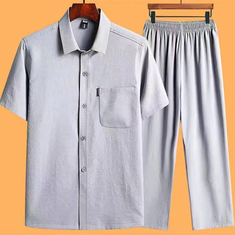 Short-Sleeve Cotton & Linen Lapel Shirts for Middle-Aged Men