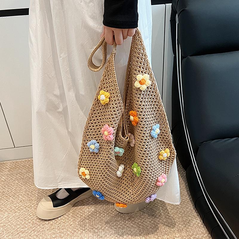 Women Flower Knitted Shoulder Bag  Handbag Lightweight Crochet Tote Bag Casual Top Handle Bag Outdoor Travel Bag