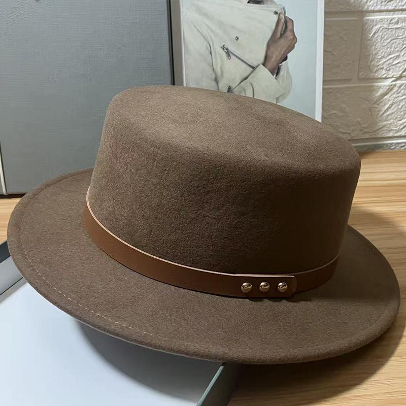 European and American Retro Belt Buckle Wool Felt Hat Women's Autumn and Winter Simple Flat Top Top Hat Western Versatile Basin Hat Fashion Hat
