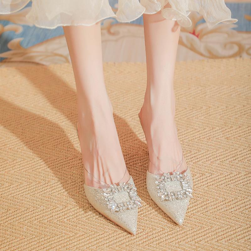 Temperament half slippers women's new summer rhinestone high-end fashion pointed transparent high heels
