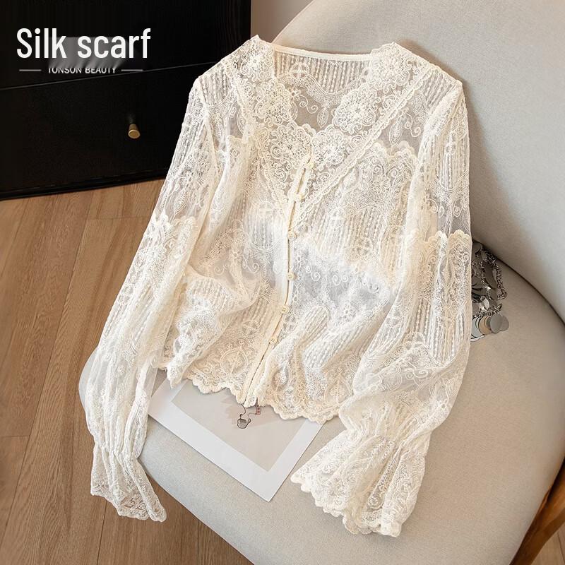 Women s Elegant V-Neck Hollow Lace Long-Sleeve Blouse S