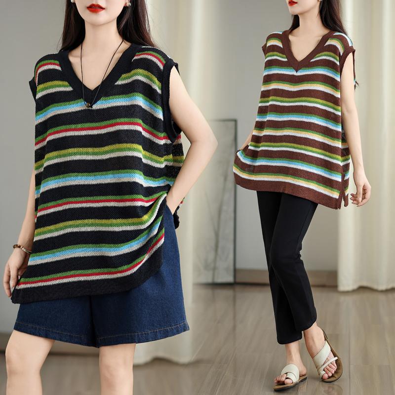 Dimanaf 2025 Summer Plus Size T-Shirt Knitting V-Neck Stripe Vintage Women Sleeveless Loose Tops Tees
